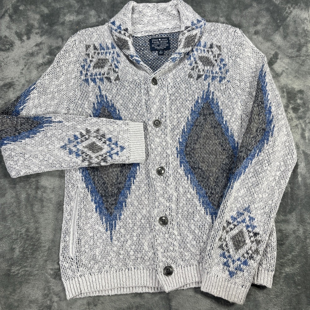Lucky Brand Sweater Men Small Southwest Aztec Shawl Neck Cardigan Linen‎ Blend